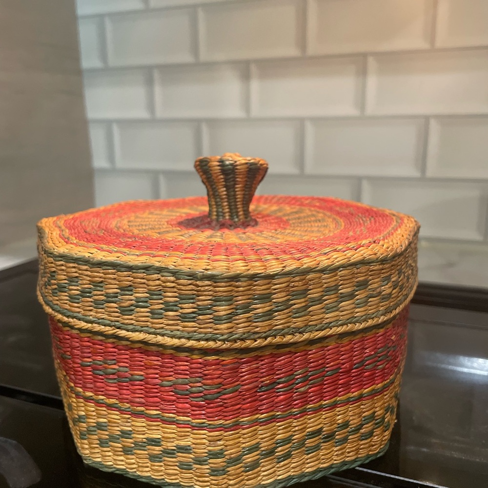 Handwoven Multicolor Lidded Decorative Basket - Red, Yellow, Green
